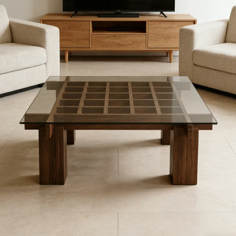 LUXORA Solid Wood & Tempered Glass Coffee Table - Multi-Grid Storage Design, Rounded Edges, Stable Wide Base, Modern Minimal Style - Walnut - Image 2
