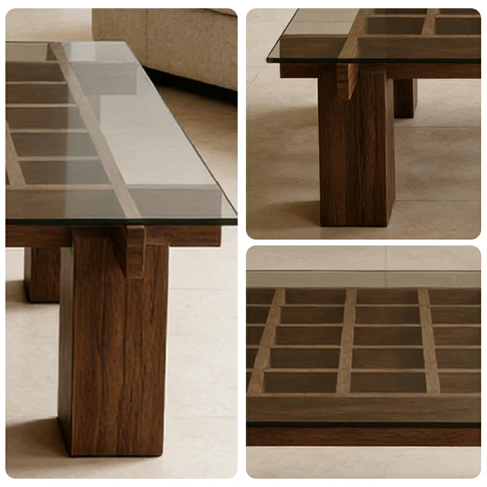 LUXORA Solid Wood & Tempered Glass Coffee Table - Multi-Grid Storage Design, Rounded Edges, Stable Wide Base, Modern Minimal Style - Walnut - Image 3