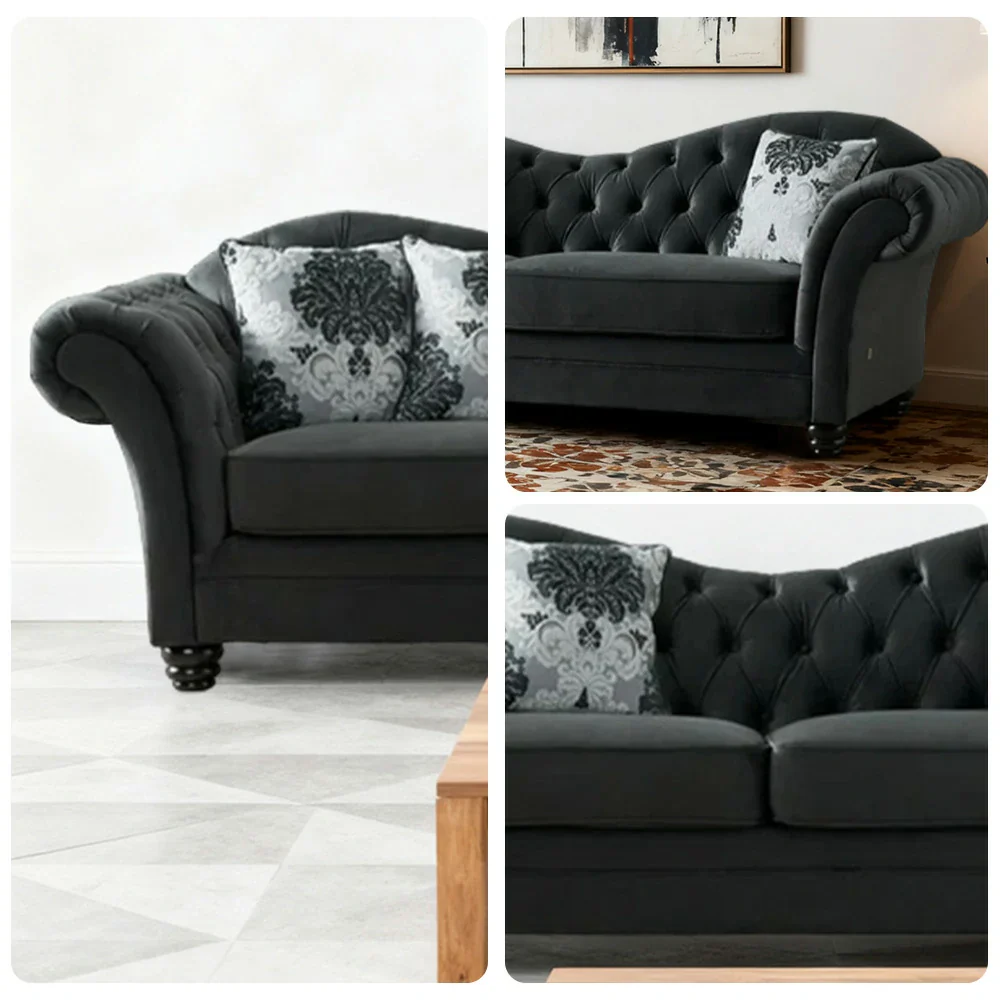LUXORA Sofa Velvet Fabric Handcrafted Button-Tufted Backrest Wooden Legs Elegant British Style - Black - Image 3