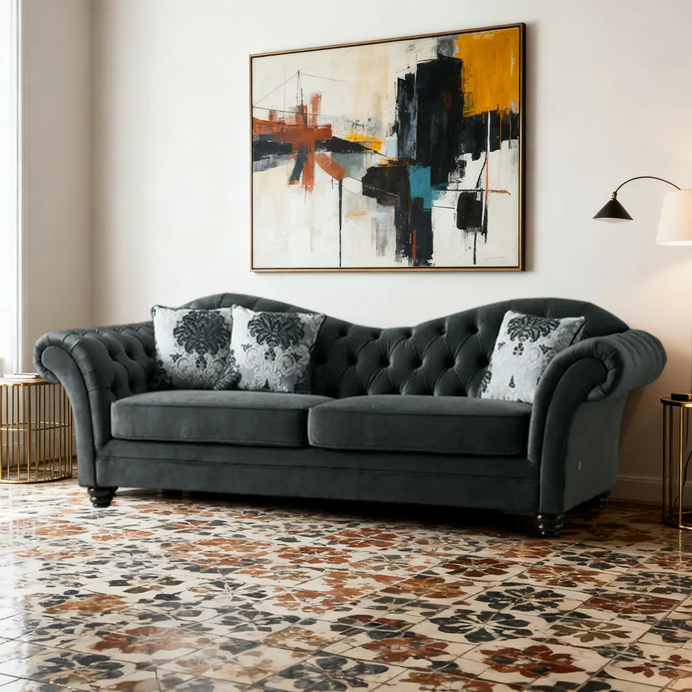 LUXORA Sofa Velvet Fabric Handcrafted Button-Tufted Backrest Wooden Legs Elegant British Style - Black - Image 4