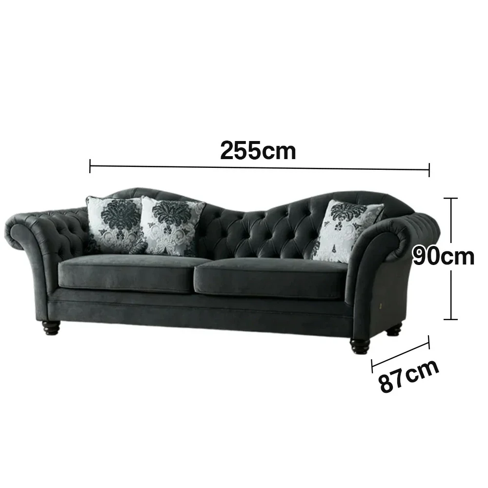LUXORA Sofa Velvet Fabric Handcrafted Button-Tufted Backrest Wooden Legs Elegant British Style - Black - Image 5