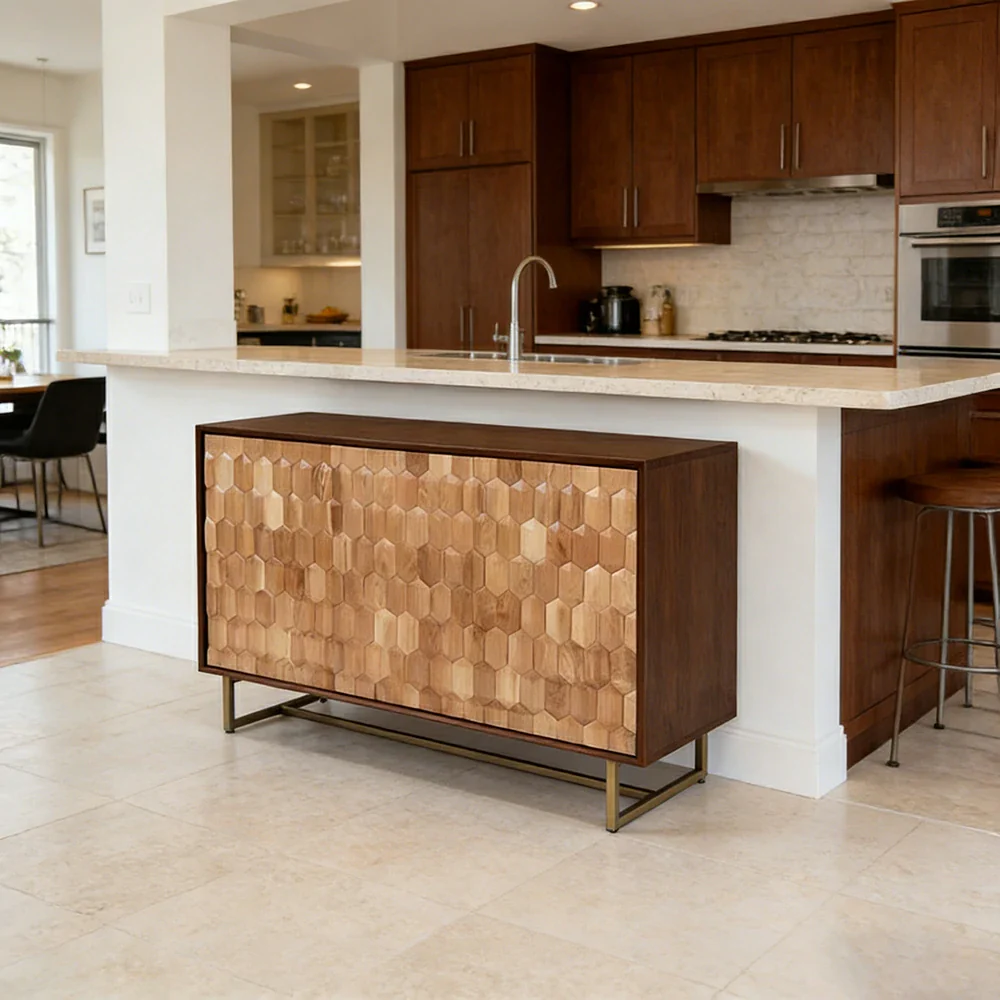 LUXORA 120/140cm Wooden Sideboard Cabinet - Hexagonal Door Design, Large Enclosed Storage, Natural Timber Panels, Elevated Metal Base - Image 2