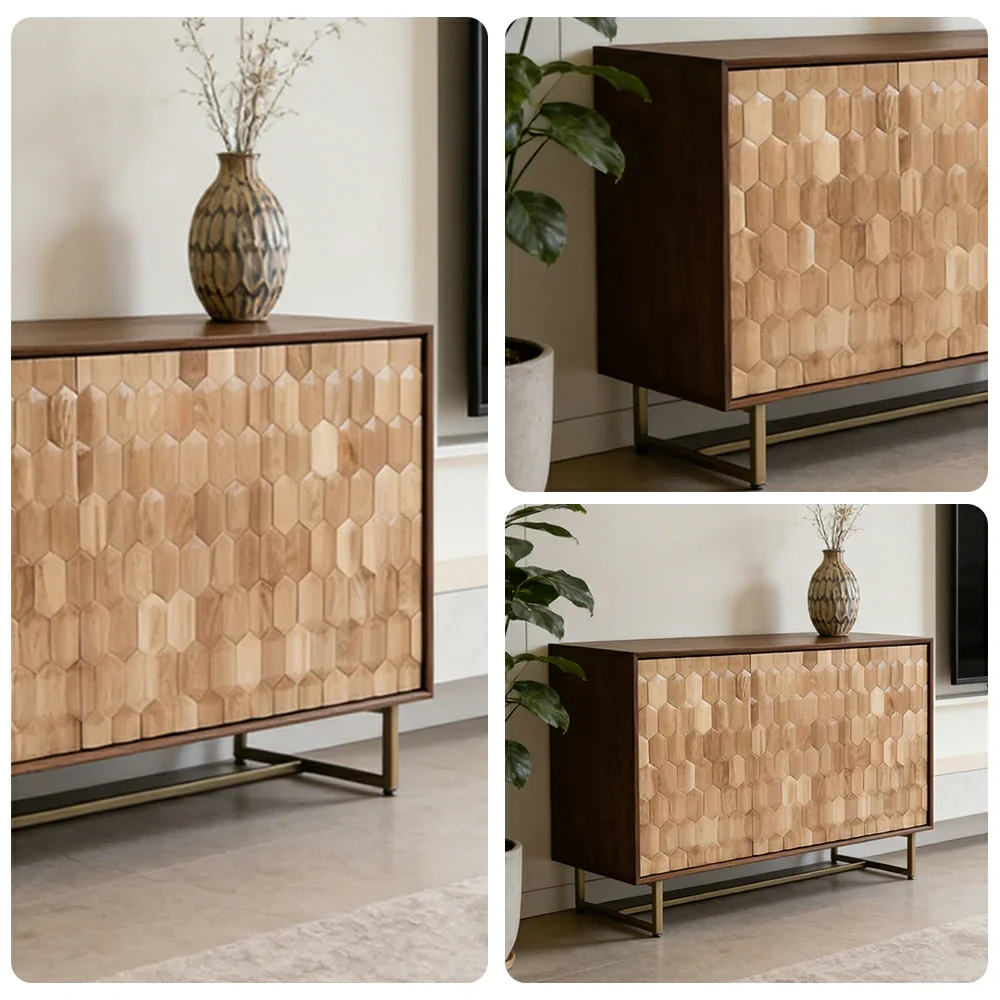 LUXORA 120/140cm Wooden Sideboard Cabinet - Hexagonal Door Design, Large Enclosed Storage, Natural Timber Panels, Elevated Metal Base - Image 3