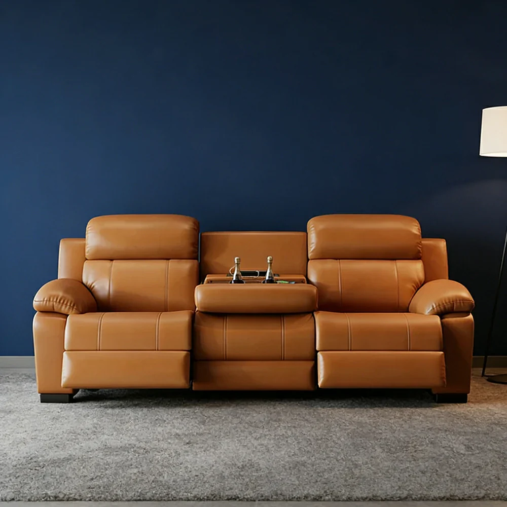 LUXORA 220/250cm 3-Seater Electric Recliner Sofa Wide-Angle Adjustment Premium Imported Leather 7D Fibre Comfort Support with Centre Backrest Console Table - Brown - Image 2