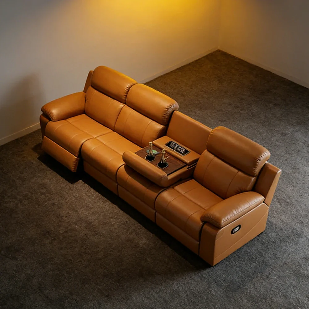 LUXORA 280/320cm 4-Seater Electric Recliner Sofa Wide-Angle Adjustment Premium Imported Leather 7D Fibre Comfort Support with Centre Backrest Console Table - Brown - Image 4