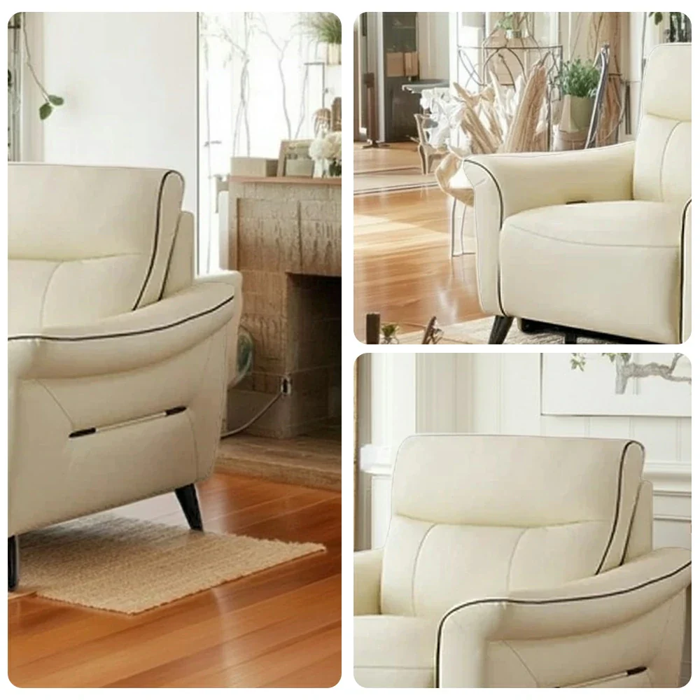 LUXORA 125/200cm Electric Recliner Armchair Top-Grain Leather 55D High-Resilience Foam Comfort Design - Beige - Image 3