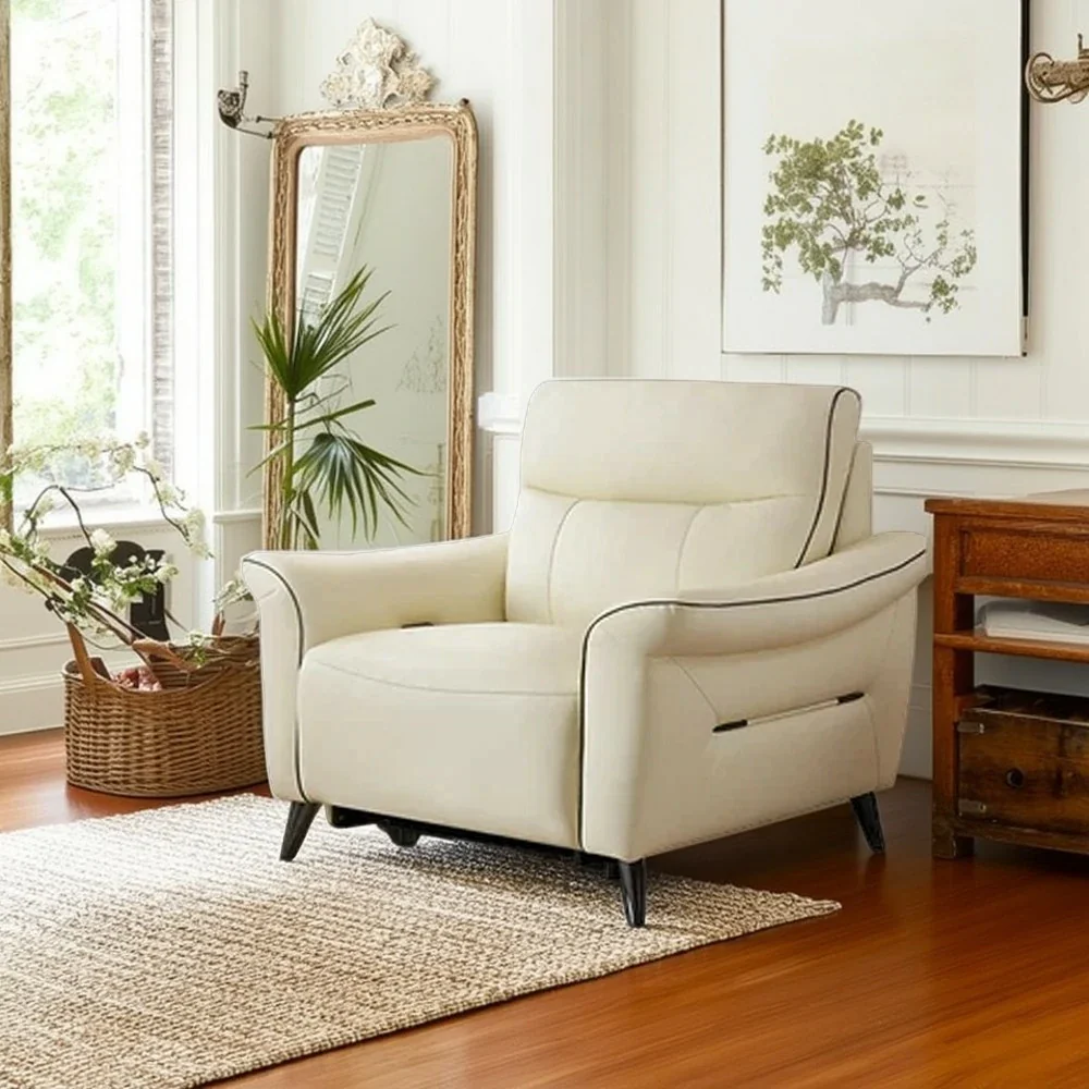 LUXORA 125/200cm Electric Recliner Armchair Top-Grain Leather 55D High-Resilience Foam Comfort Design - Beige - Image 4