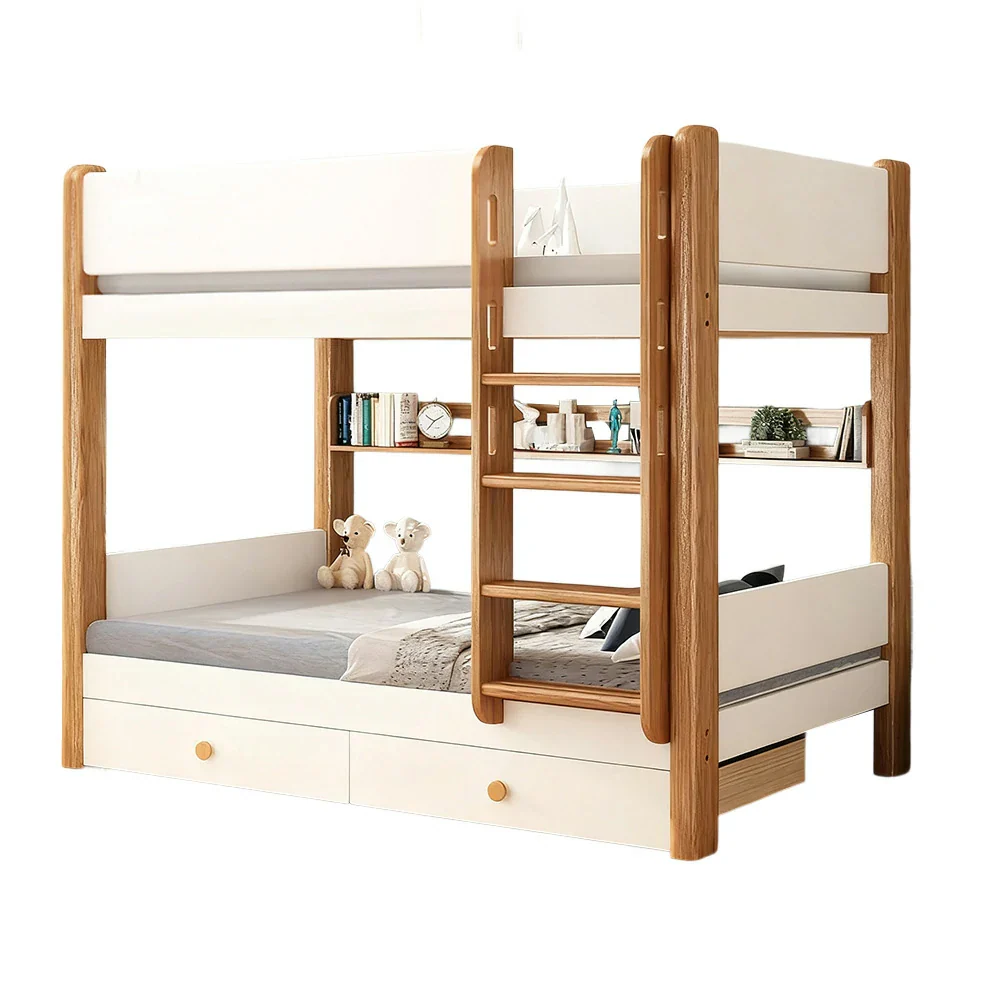 Installation Included LUXORA Bunk Bed with Dual Drawers, Bookshelf & 2 Mattresses ¨C Eco-Friendly Solid Wood, Safe 41cm Guardrails, Flexible Ladder Placement - White
