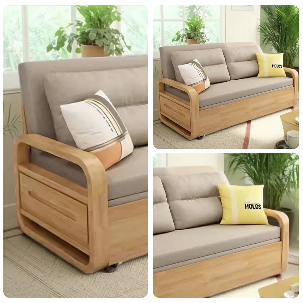 LUXORA 135/165cm Sofa Bed, Dual-Function Pull-Out Design, Cotton-Linen Upholstery, Solid Wood & Metal Frame, Quiet Rollers - Coffee - Image 3