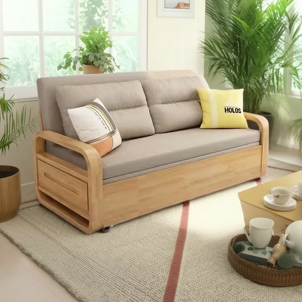 LUXORA 135/165cm Sofa Bed, Dual-Function Pull-Out Design, Cotton-Linen Upholstery, Solid Wood & Metal Frame, Quiet Rollers - Coffee - Image 4
