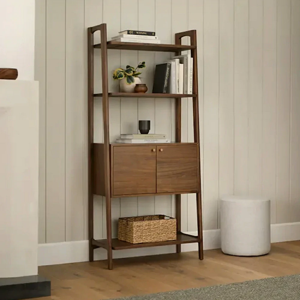 LUXORA Nordic Solid Pine Bookshelf - New Zealand Pine Wood Display Shelf with Open Tiers & Double Door Cabinet, Tall Slim Storage Unit - Walnut - Image 2