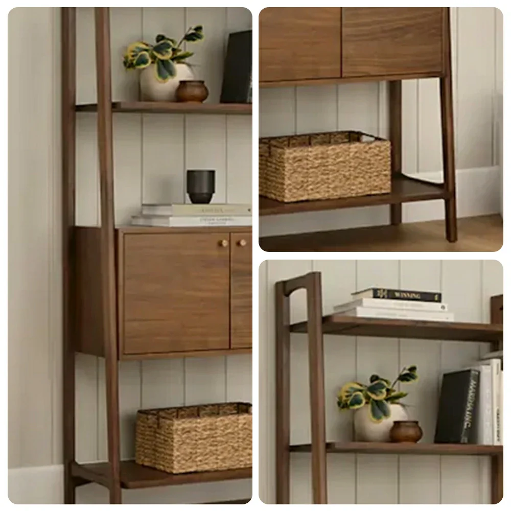 LUXORA Nordic Solid Pine Bookshelf - New Zealand Pine Wood Display Shelf with Open Tiers & Double Door Cabinet, Tall Slim Storage Unit - Walnut - Image 3