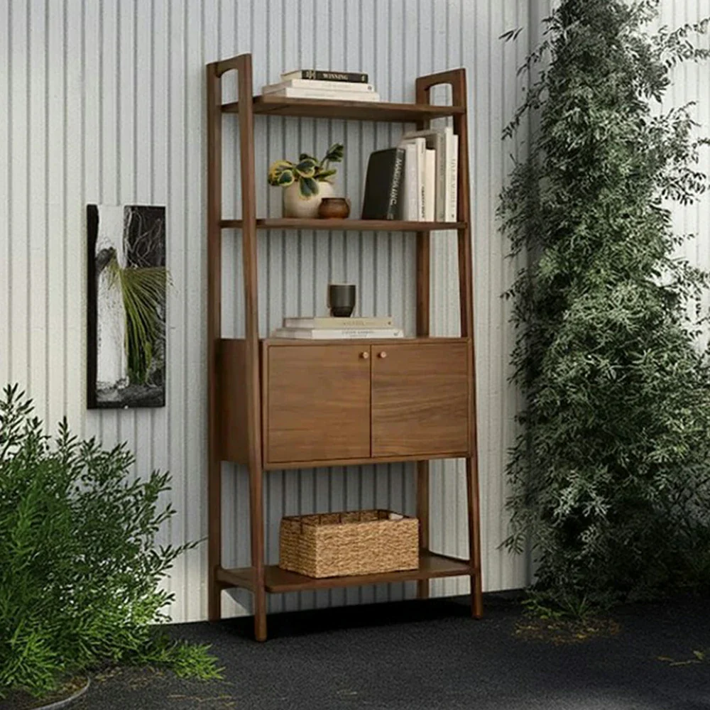 LUXORA Nordic Solid Pine Bookshelf - New Zealand Pine Wood Display Shelf with Open Tiers & Double Door Cabinet, Tall Slim Storage Unit - Walnut - Image 4