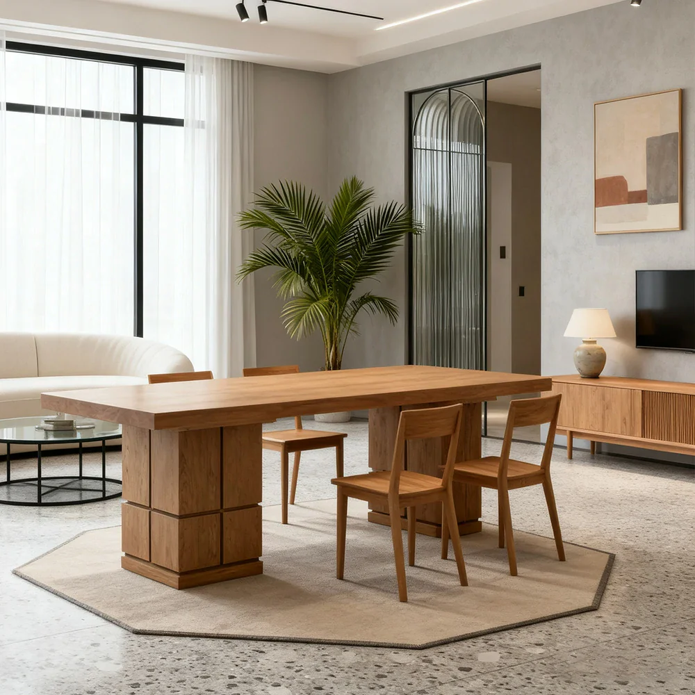 LUXORA 140/160cm Dining Table Premium Veneer Top Double Pedestal Base Modern Sculptural Design - Wood - Image 2