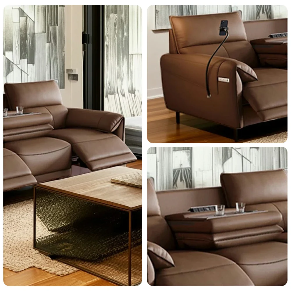 LUXORA 252/282cm Dual Electric Recliner Sofa 3-Seater Flip-Back Center Genuine Leather Zero-Wall Comfort Design - Brown - Image 3