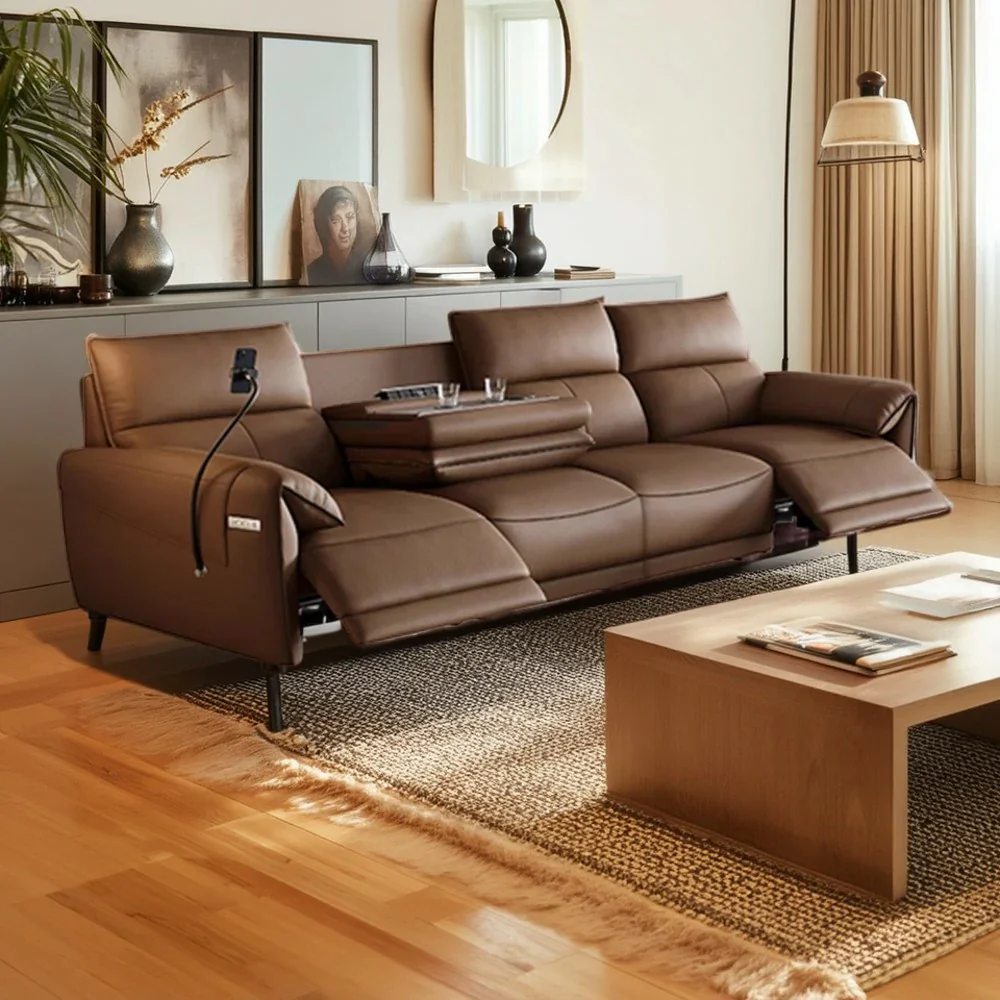 LUXORA 322/362cm Triple Electric Recliner Sofa 4-Seater Flip-Back Center Genuine Leather Zero-Wall Comfort Design - Brown - Image 2