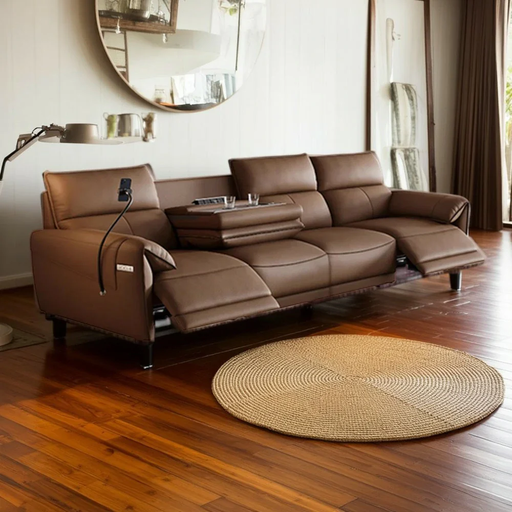 LUXORA 322/362cm Triple Electric Recliner Sofa 4-Seater Flip-Back Center Genuine Leather Zero-Wall Comfort Design - Brown - Image 4