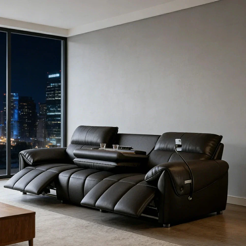 LUXORA 252/282cm Dual Electric Recliner Sofa 3-Seater Flip-Back Center Genuine Leather Zero-Wall Comfort - Black - Image 2
