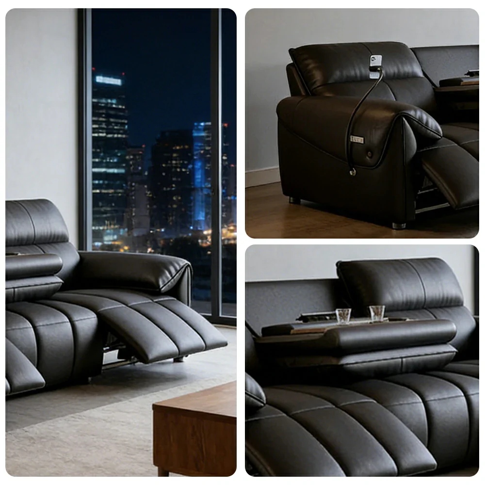 LUXORA 252/282cm Dual Electric Recliner Sofa 3-Seater Flip-Back Center Genuine Leather Zero-Wall Comfort - Black - Image 3