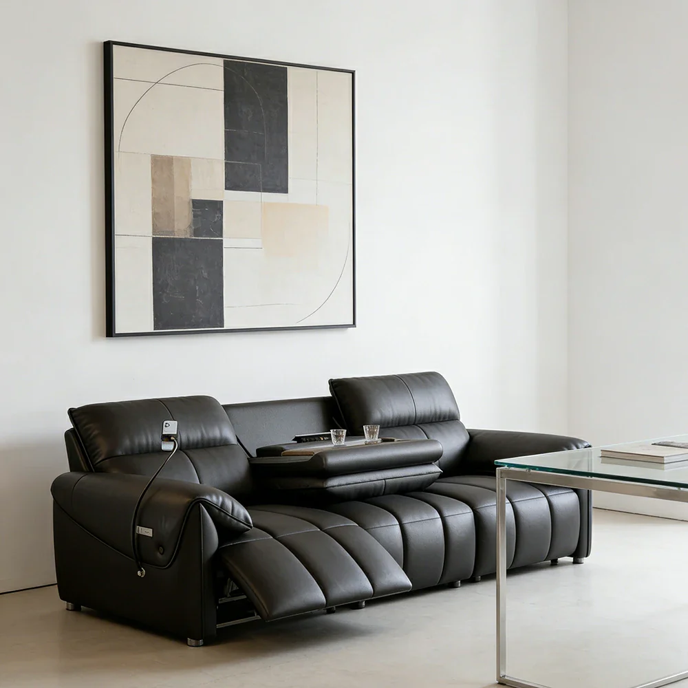 LUXORA 252/282cm Dual Electric Recliner Sofa 3-Seater Flip-Back Center Genuine Leather Zero-Wall Comfort - Black - Image 4