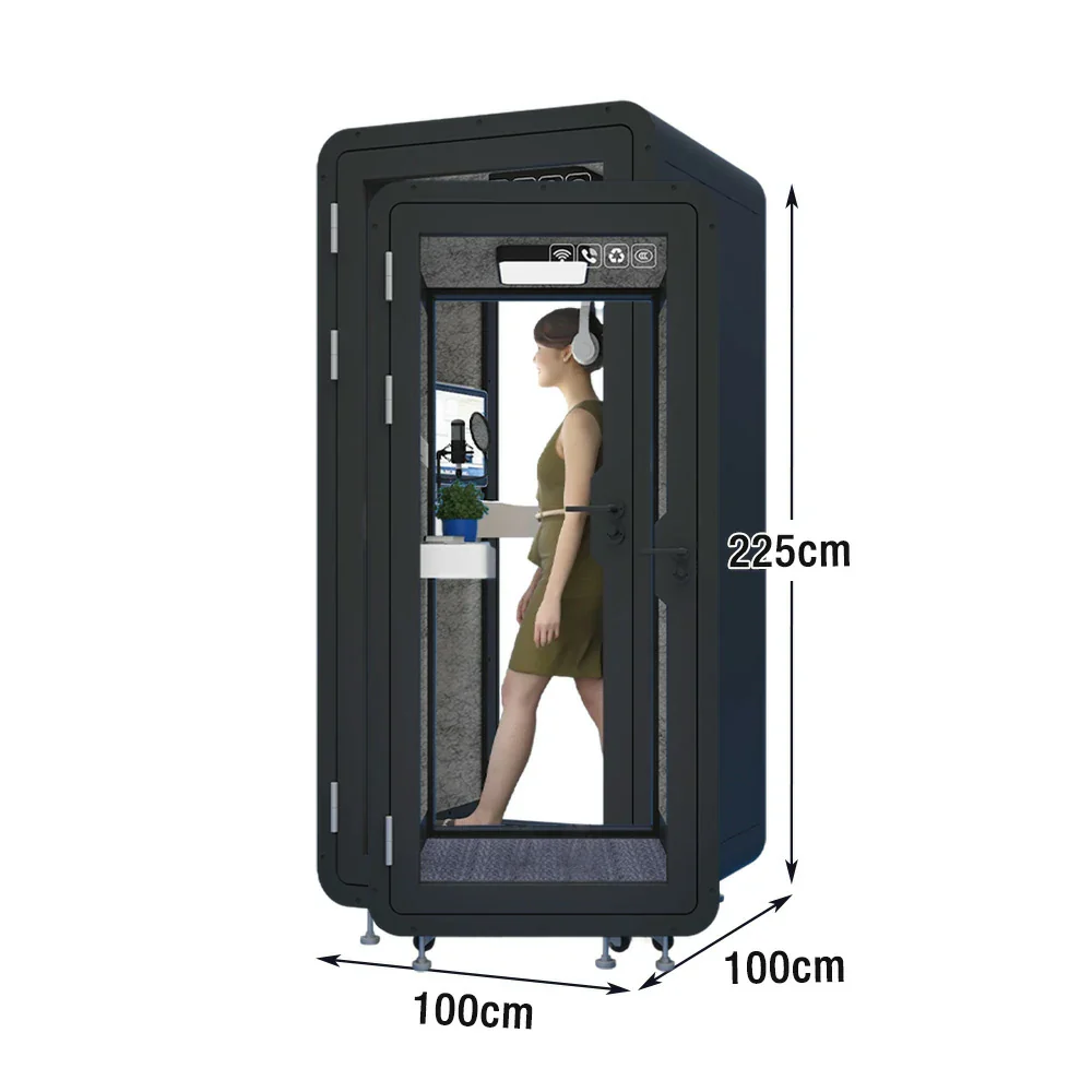MODERA BJK-101021 Steel Panel 1.0x1.0m Compact Soundproof Office Booth w/ Lighting, Ventilation & Casters - Black - Image 5