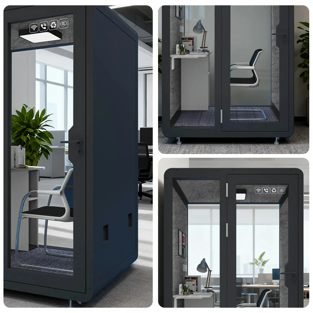 MODERA BJK-141221 Steel Panel 1.4x1.2m Soundproof Office Meeting Booth w/ Lighting, Ventilation & Casters - Black - Image 3