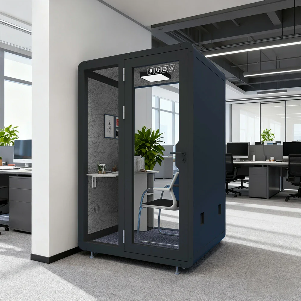MODERA BJK-141221 Steel Panel 1.4x1.2m Soundproof Office Meeting Booth w/ Lighting, Ventilation & Casters - Black - Image 4