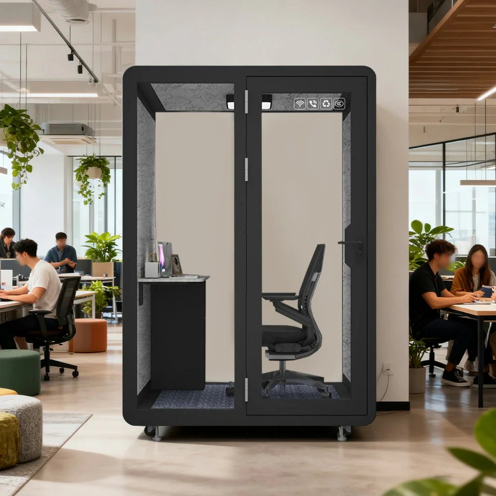 MODERA BJK-151321 Steel Panel 1.5x1.3m Soundproof Office Meeting Booth w/ Lighting, Ventilation & Casters - Black - Image 2