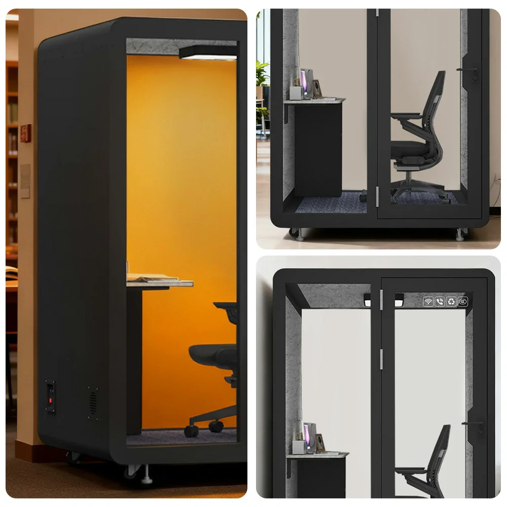 MODERA BJK-151321 Steel Panel 1.5x1.3m Soundproof Office Meeting Booth w/ Lighting, Ventilation & Casters - Black - Image 3