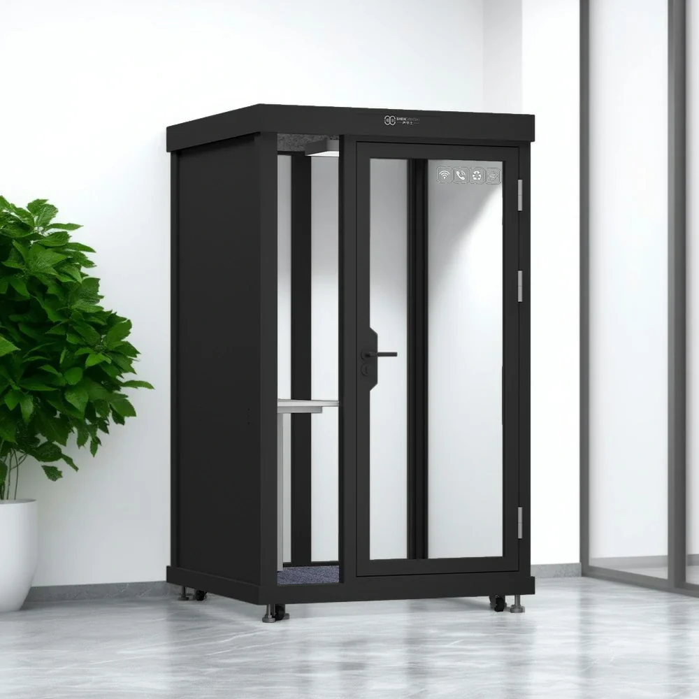 MODERA BLK-131221 Glass Panel 1.3x1.2m Soundproof Office Meeting Booth w/ Lighting, Ventilation & Casters - Black - Image 4