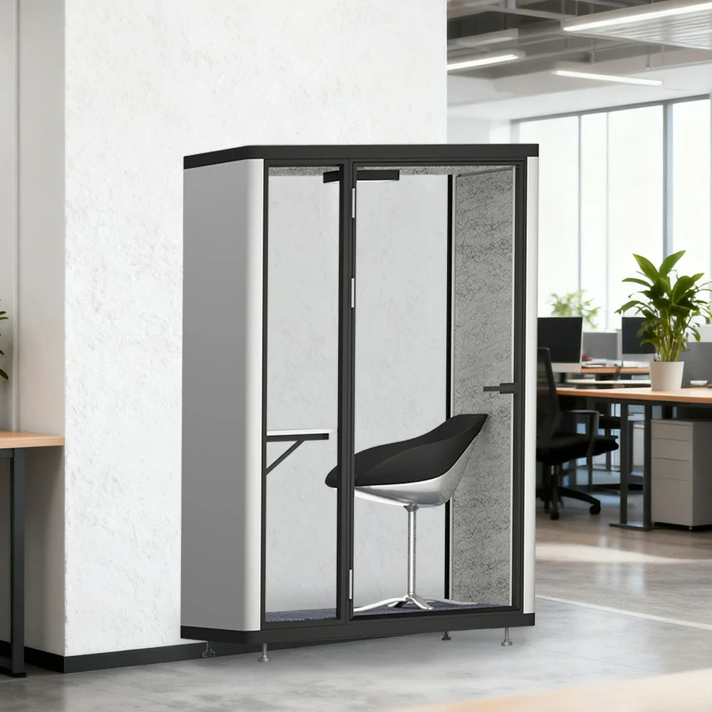 MODERA LCK-141221 Aluminium Frame 1x1m Soundproof Office Phone Pod Booth w/ Ventilation, Lighting & Casters - Black - Image 3