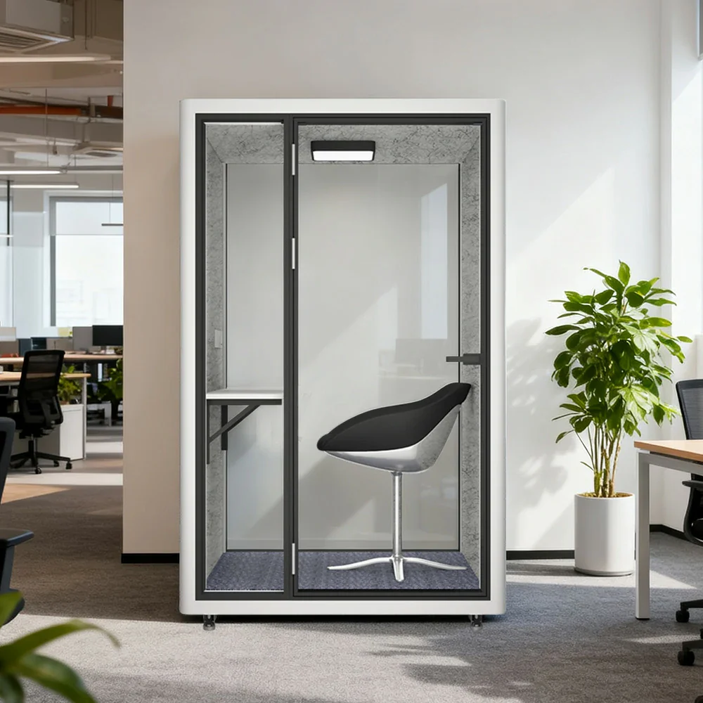MODERA LCK-141221 Aluminium Frame 1x1m Soundproof Office Phone Pod Booth w/ Ventilation, Lighting & Casters - White - Image 2
