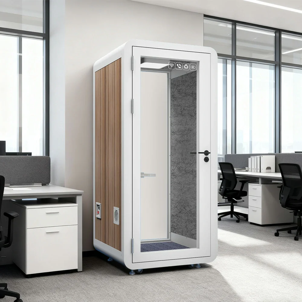 MODERA MWK-101021 Wood Grain 1.0x1.0m Soundproof Office Meeting Booth w/ Lighting, Ventilation & Casters - White - Image 3