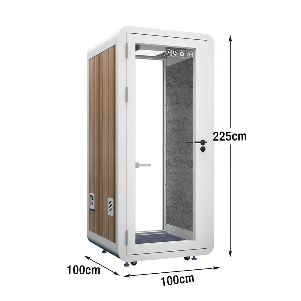 MODERA MWK-101021 Wood Grain 1.0x1.0m Soundproof Office Meeting Booth w/ Lighting, Ventilation & Casters - White - Image 5
