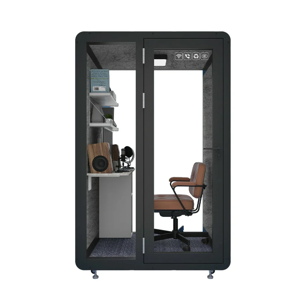 MODERA MWK-141221 Wood Grain 1.4x1.2m Soundproof Office Meeting Booth w/ Lighting, Ventilation & Casters - Black