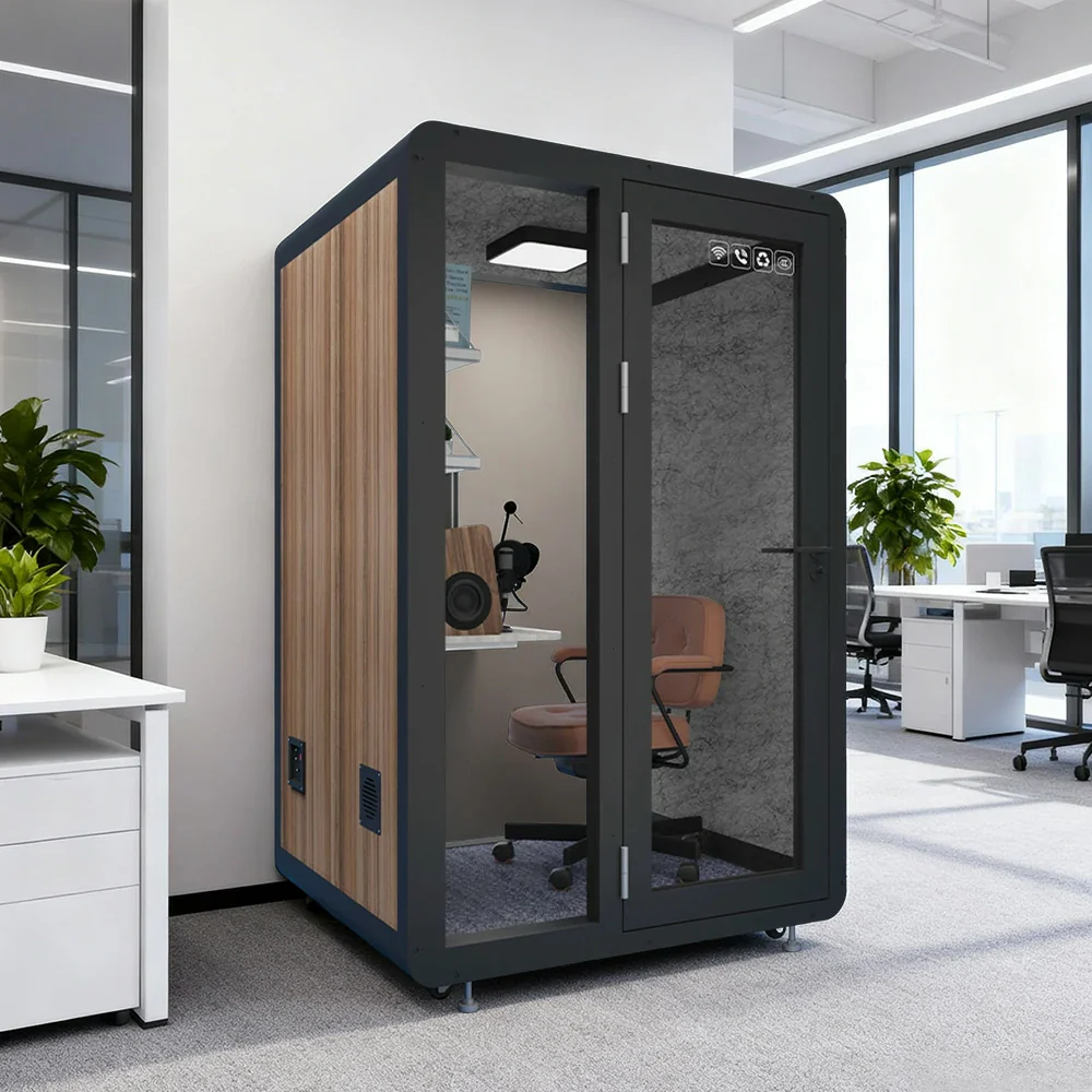 MODERA MWK-141221 Wood Grain 1.4x1.2m Soundproof Office Meeting Booth w/ Lighting, Ventilation & Casters - Black - Image 4