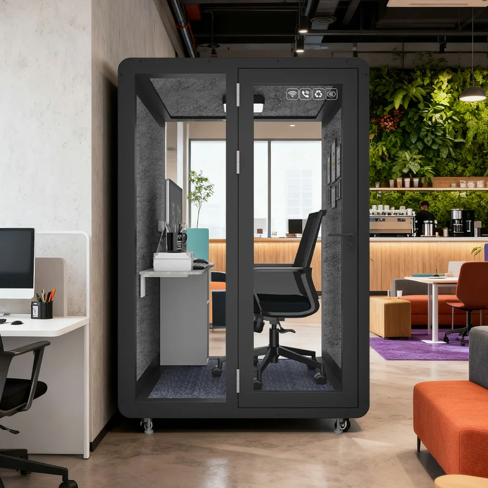 MODERA MWK-151521 Wood Grain 1.5x1.5m Soundproof Office Meeting Booth w/ Lighting, Ventilation & Casters - Black - Image 2