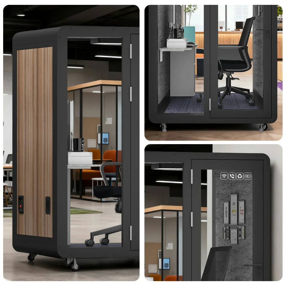 MODERA MWK-151521 Wood Grain 1.5x1.5m Soundproof Office Meeting Booth w/ Lighting, Ventilation & Casters - Black - Image 3