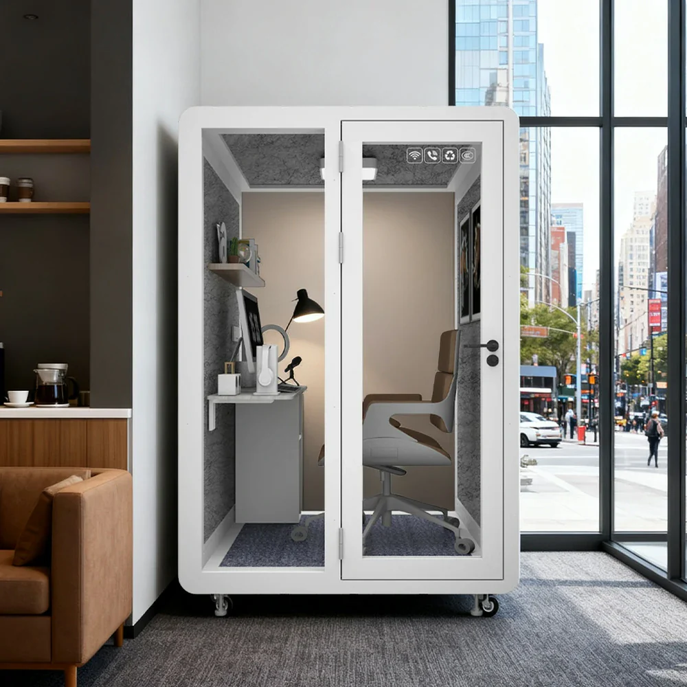 MODERA MWK-151521 Wood Grain 1.5x1.5m Soundproof Office Meeting Booth w/ Lighting, Ventilation & Casters - White - Image 2