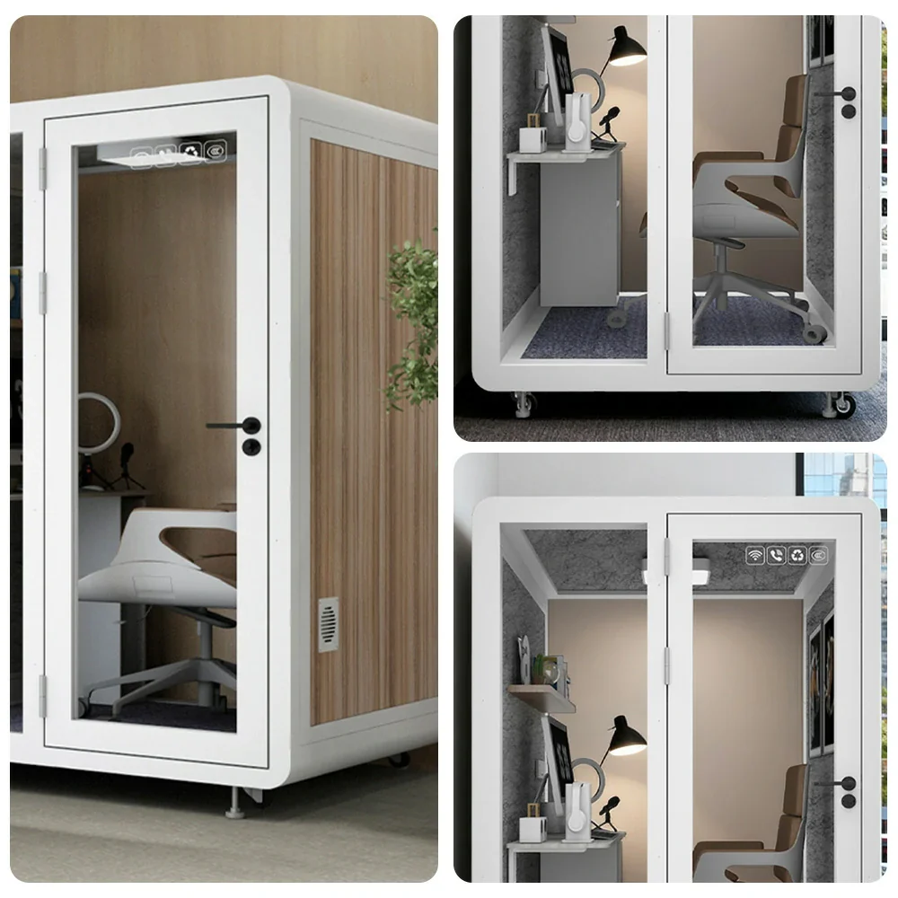 MODERA MWK-151521 Wood Grain 1.5x1.5m Soundproof Office Meeting Booth w/ Lighting, Ventilation & Casters - White - Image 3