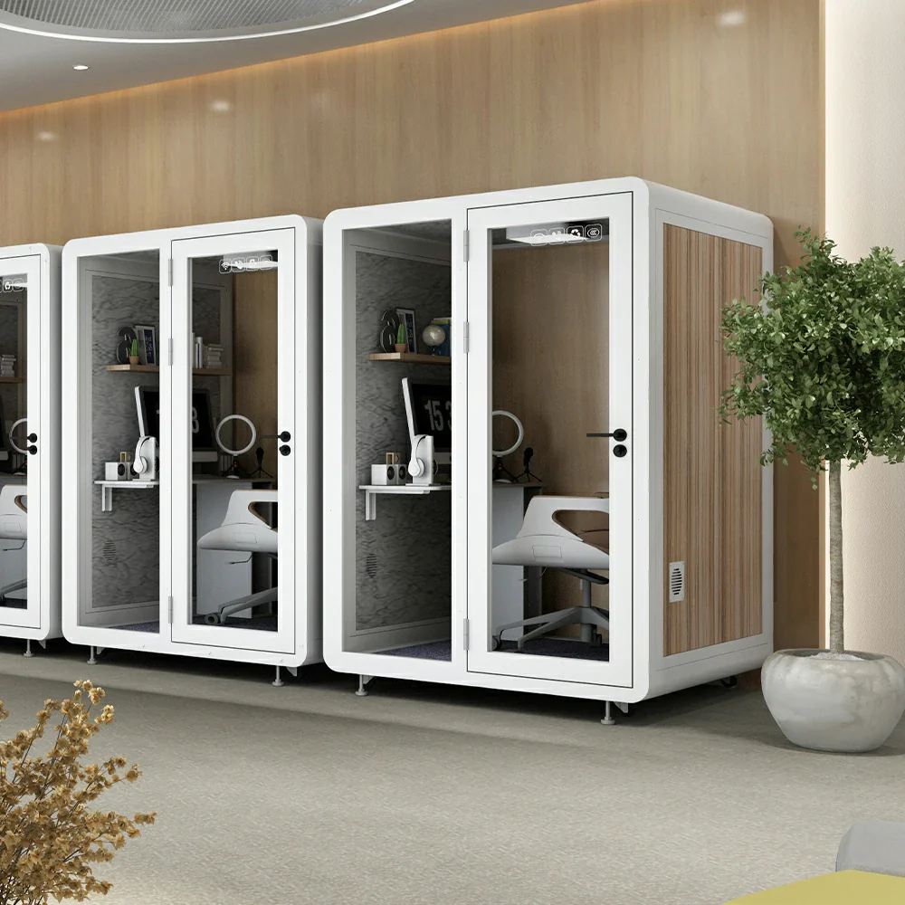 MODERA MWK-151521 Wood Grain 1.5x1.5m Soundproof Office Meeting Booth w/ Lighting, Ventilation & Casters - White - Image 4
