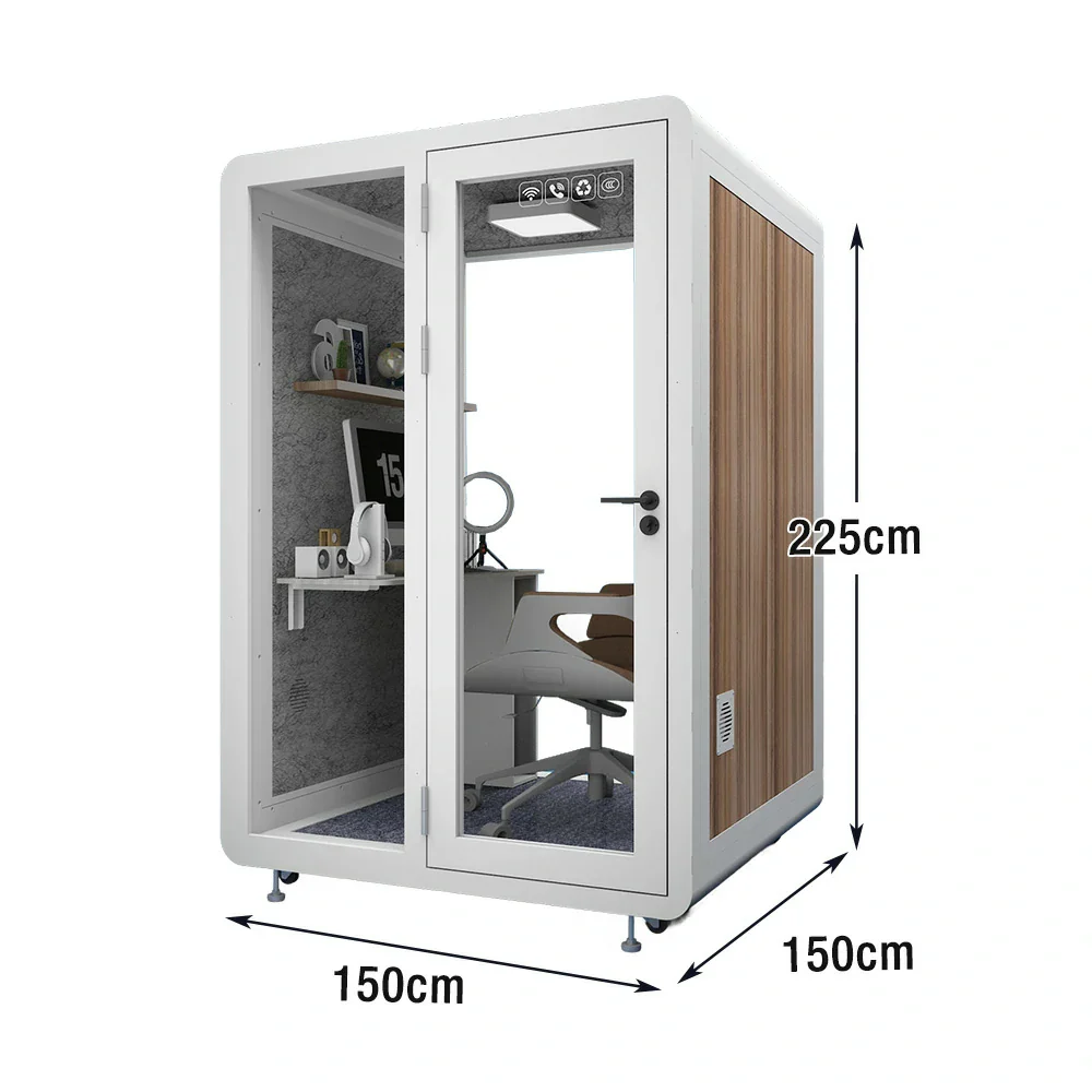 MODERA MWK-151521 Wood Grain 1.5x1.5m Soundproof Office Meeting Booth w/ Lighting, Ventilation & Casters - White - Image 5