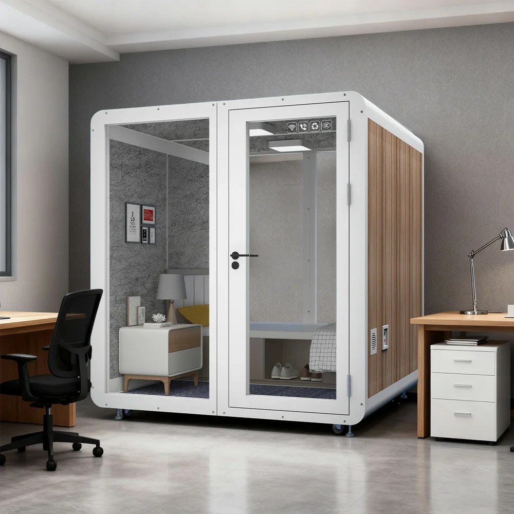 MODERA MWK-202021 Wood Grain 2.0x2.0m Soundproof Office Meeting Booth w/ Lighting, Ventilation & Casters - White - Image 4