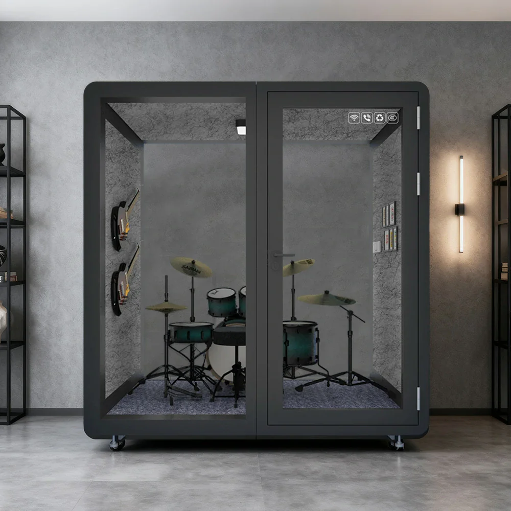 MODERA MWK-211621 Wood Grain 2.1x1.6m Soundproof Office Meeting Booth w/ Lighting, Ventilation & Casters - Black - Image 2