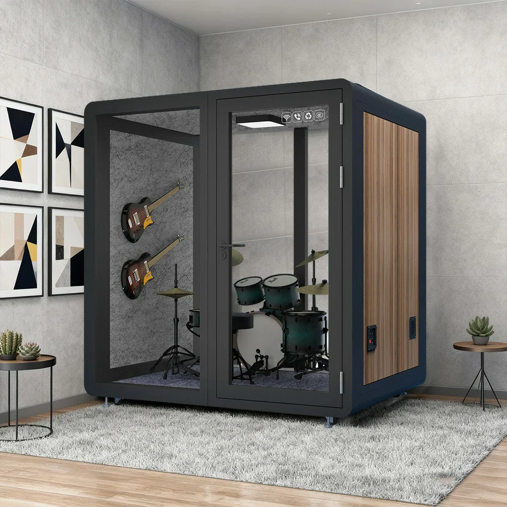MODERA MWK-211621 Wood Grain 2.1x1.6m Soundproof Office Meeting Booth w/ Lighting, Ventilation & Casters - Black - Image 4