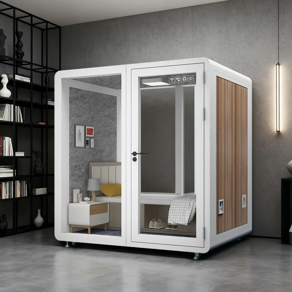 MODERA MWK-211621 Wood Grain 2.1x1.6m Soundproof Office Meeting Booth w/ Lighting, Ventilation & Casters - White - Image 4