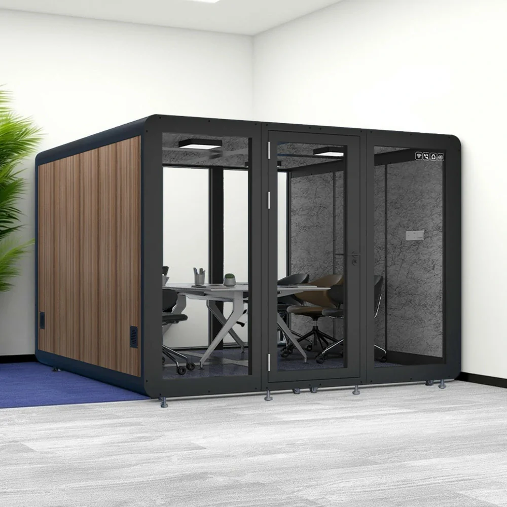 MODERA MWK-303021 Wood Grain 3.0x3.0m Large Soundproof Office Meeting Booth w/ Lighting, Ventilation & Casters - Black - Image 4