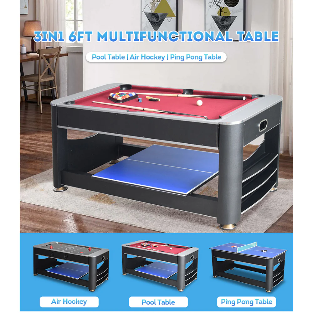VERSA 6FT MDF 3-IN-1 Pool Table/Table Tennis Table/Air Hockey Black Frame - Image 4