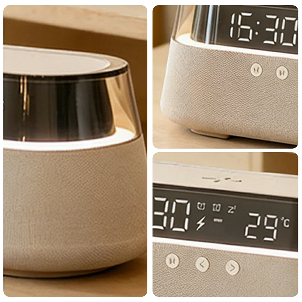 NEVORA Bluetooth Speaker Wireless Charging Clock Temperature Display Ambient Lighting Design - Beige - Image 3