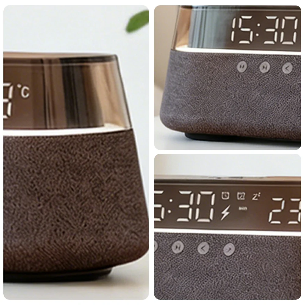 NEVORA Bluetooth Speaker Wireless Charging Clock Temperature Display Ambient Lighting Design - Grey - Image 3